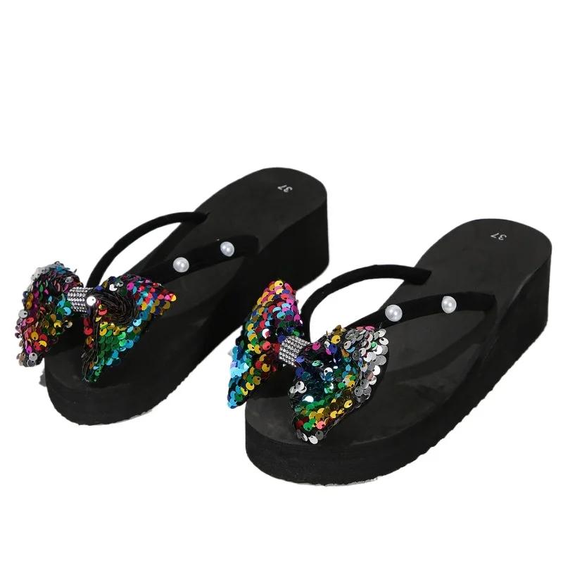 Мода 2024 года, женская обувь, большие размеры, женские тапочки, новые повседневные тапочки с блестками и бабочкой, женские летние тапочки на танкетке с бисером
