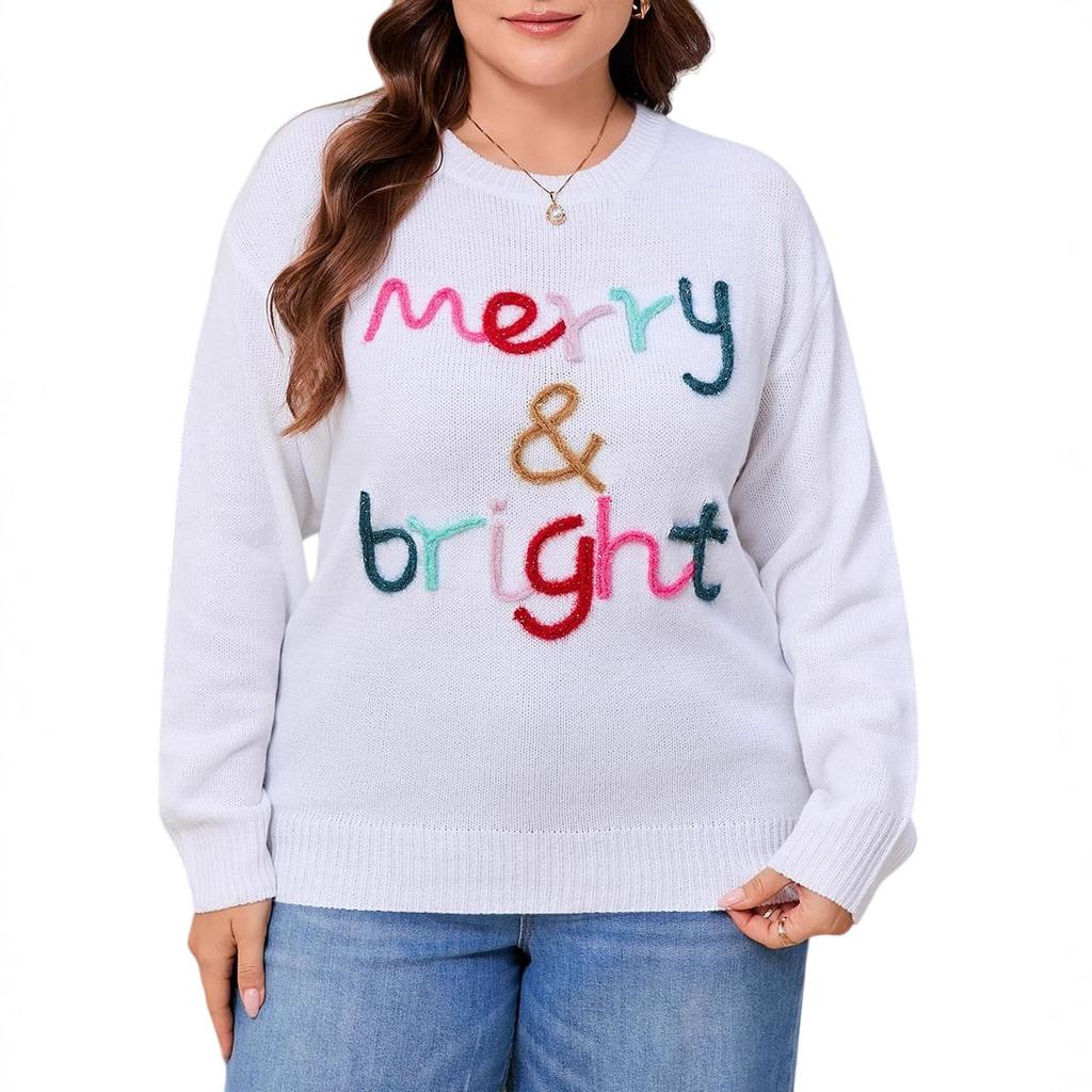 Large Size Loose European And American Autumn And Winter New Sweater Women'S Knitted Letter Jacquard Crew Neck Pullover