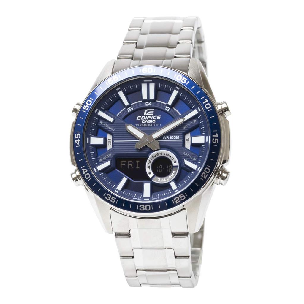 EDIFICE CASIO Бизнес Спорт Полностью из нержавеющей стали Секундомер EFV-C100D-2A Хронограф, Календарь, Синий, Аналоговый/Цифровой, Часы, Часы, Металл, Сталь,