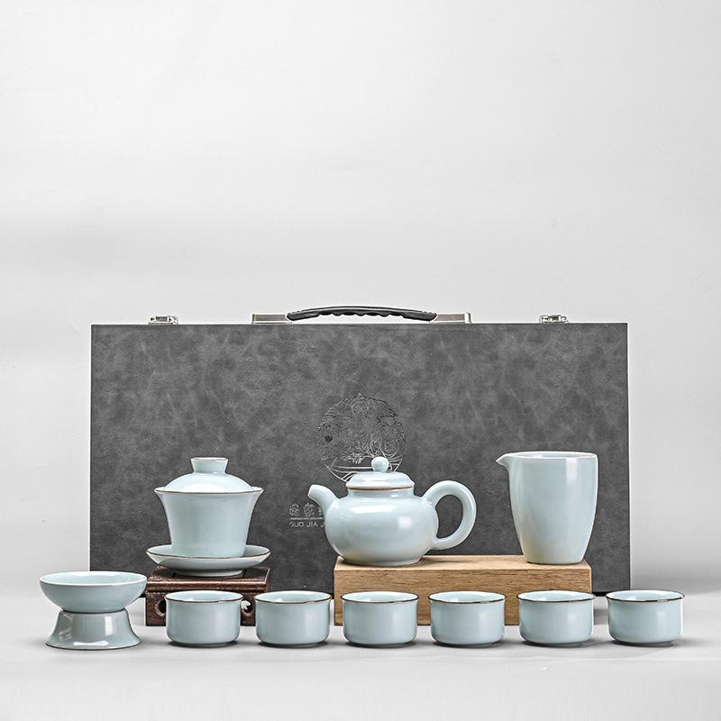 Ru Kiln Ice Crack Kung Fu Tea Set Household Living Room Ceramic Brewing Teapot Open Light Luxury Teacup High-end Gifts
