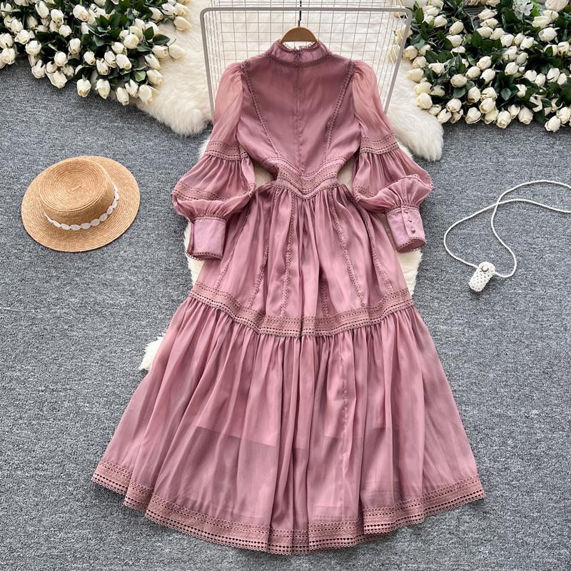 New Heavy Craft Lace Embroidery Hollow Out Party Evening Long Dress Women's Stand High Waist Lantern Sleeve Dresses Holiday
