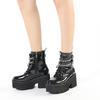 Leather Women Modern Boots Gothic Style Metal Bat Dark Black Platform Mid Calf Boots Chunky Heels Sexy Fashion High Heels