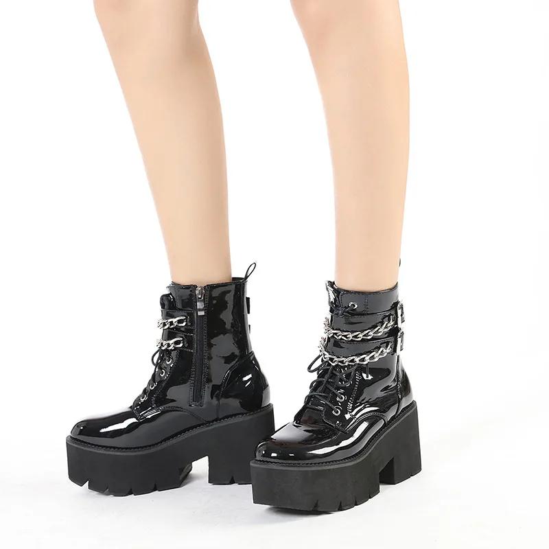 Leather Women Modern Boots Gothic Style Metal Bat Dark Black Platform Mid Calf Boots Chunky Heels Sexy Fashion High Heels