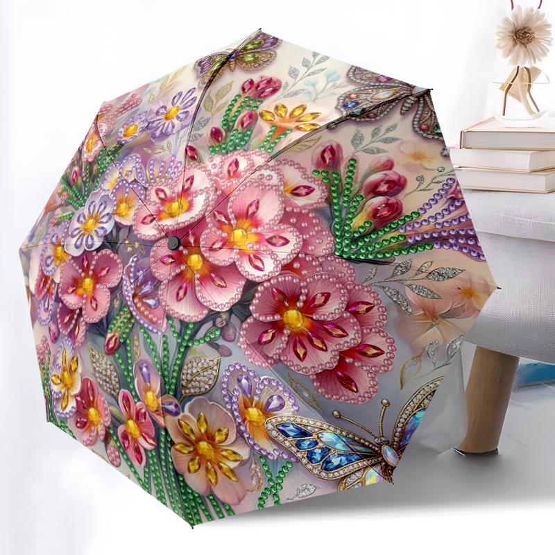 1pc Sturdy 8-Bone Auto Umbrella, Sky Blue Butterfly Lily Cluster Umbrella, Digital Printed, Foldable Umbrella for On-the-Go Outdoor Use