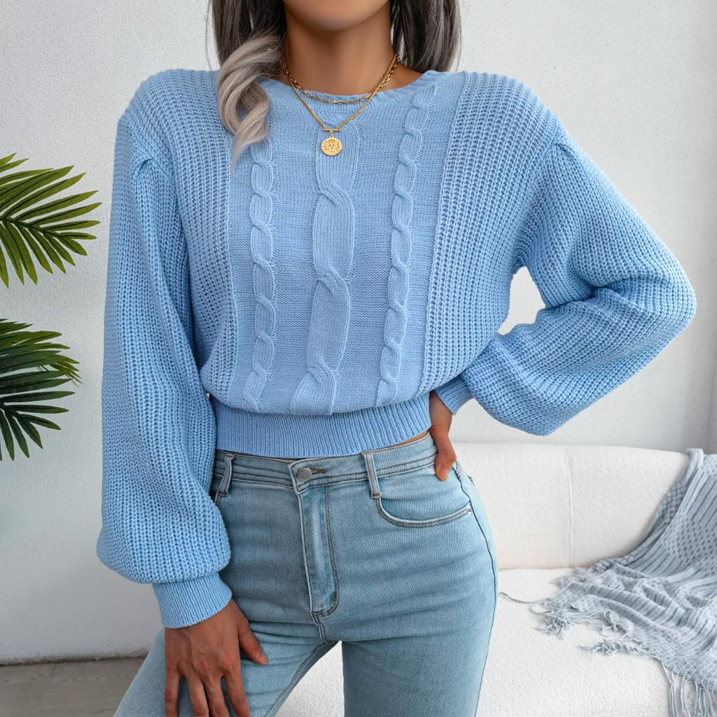 Women's Fashion Casual Knitted Sweater Top With Twisted Cable Pattern, Lanterned Sleeves, And Waist-Cinching Design For Fall And Winter