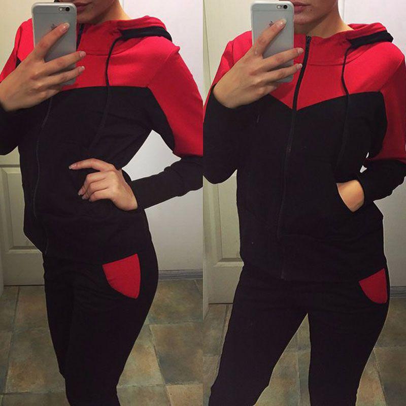 Женский Ярко-желтый и Красный Полиэстеровый Спортивный Костюм Худи и Брюки Повседневная Спортивная Одежда Комплект
