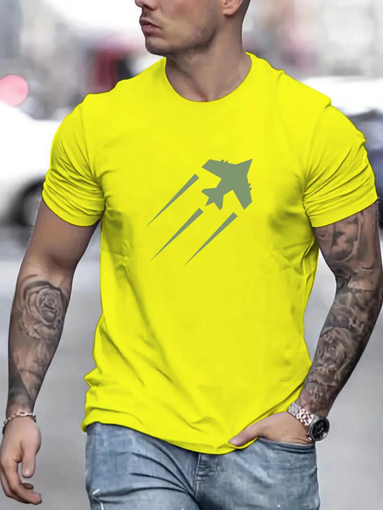 Men's Summer 100%cotton Fashionable Casual Sports Loose Airplane Pattern Printed Round Neck Short Sleeved T-shirt Top