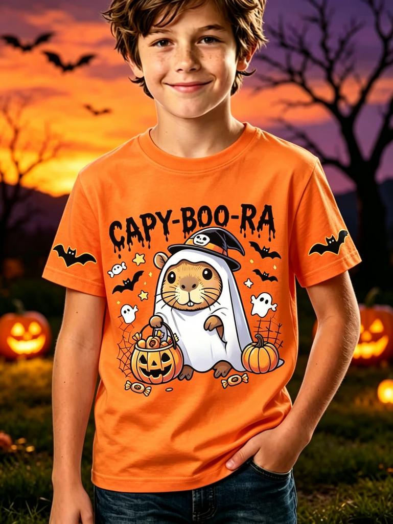 Halloween Capybara Kids T-Shirt Capy-Boo-Ra Cute Ghost Pumpkin Graphic T-Shirt Boys Girls Trick or Treat Short Sleeve Casual Tee