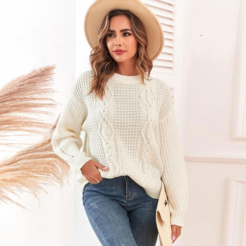 Women's Autumn and Winter Solid Color Crew-neck Long Sleeve Twist Casual Knit Sweater