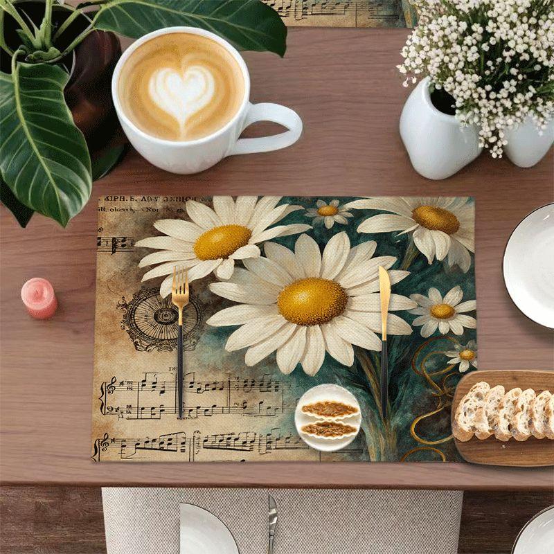 4/6pcs Vintage Daisy & Music Sheet Placemats Suitable for Dining Table Decor, 12x18 Inch Washable Polyester Table with Retro and Sheet Music Design
