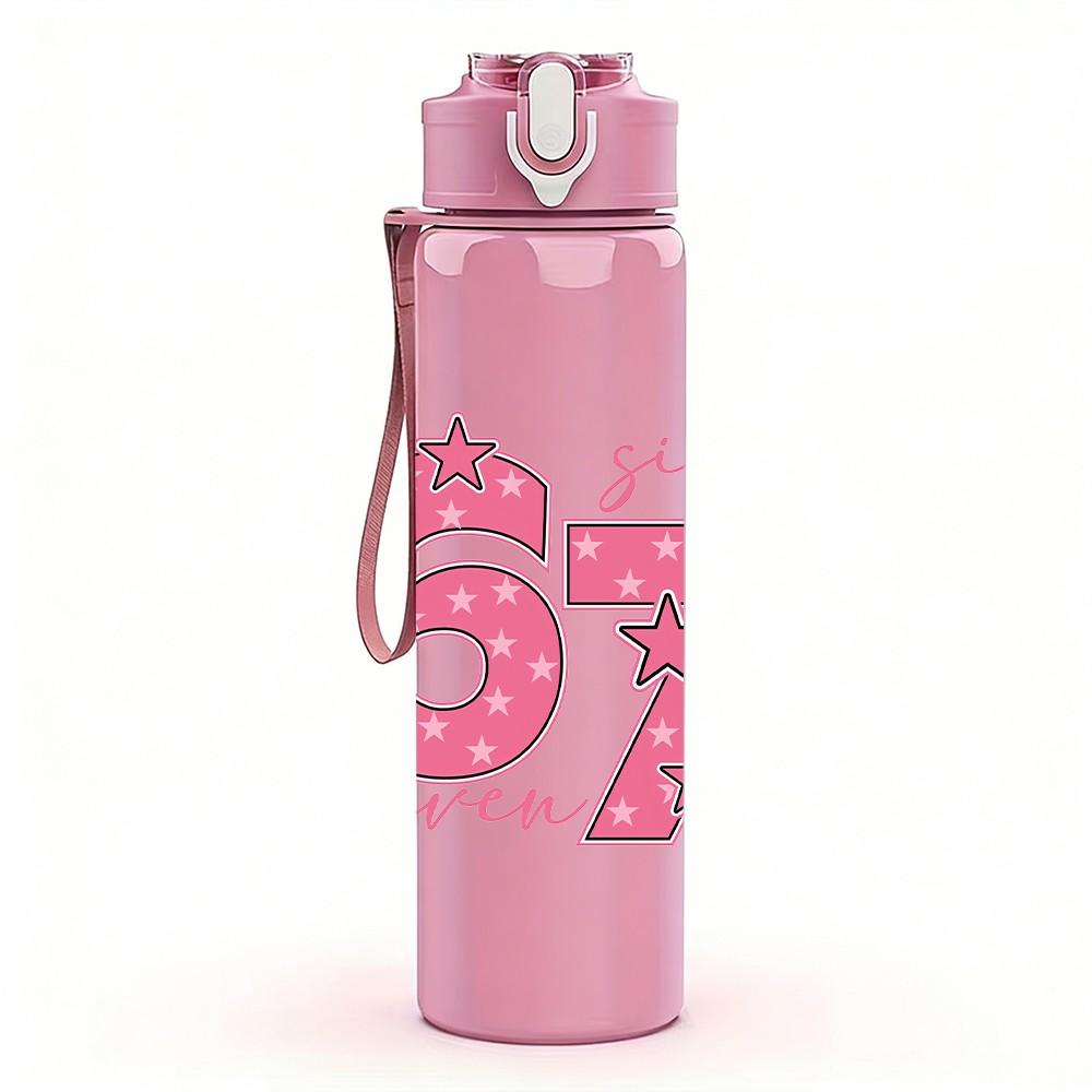 1PC Pink Number 67 Decor Pattern 750ml Color Plastic Sports Water Bottle Leakproof Flip Straw Lid Suitable for Sports Office Home Use