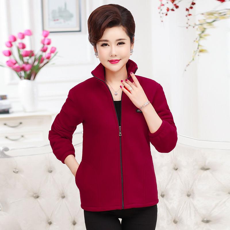 Middle-aged Elderly Women's Polar Fleece Sports Jacket Spring and Autumn Stand Collar Loose Outdoor Casual Sweatshirt Fleece Solid Color Short Top