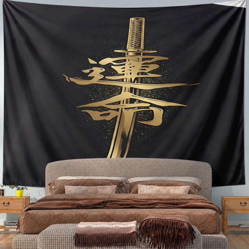 Golden Sword with Japanese Kanji Design Pattern Wall Hanging Tapestry Decorative Tapestry Home Decor for Bedroom and Living Room