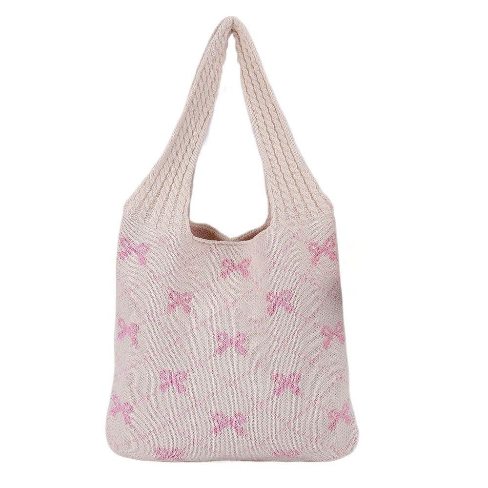 Large Capacity Bow Knitting Shoulder Bag Sweet Casual Woven Handbag Simple Shopping Bag Picnic