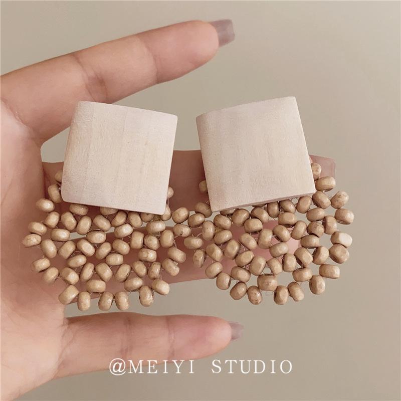 Геометрические серьги из французских деревянных бусин в стиле ретро — праздничная мода высокого класса