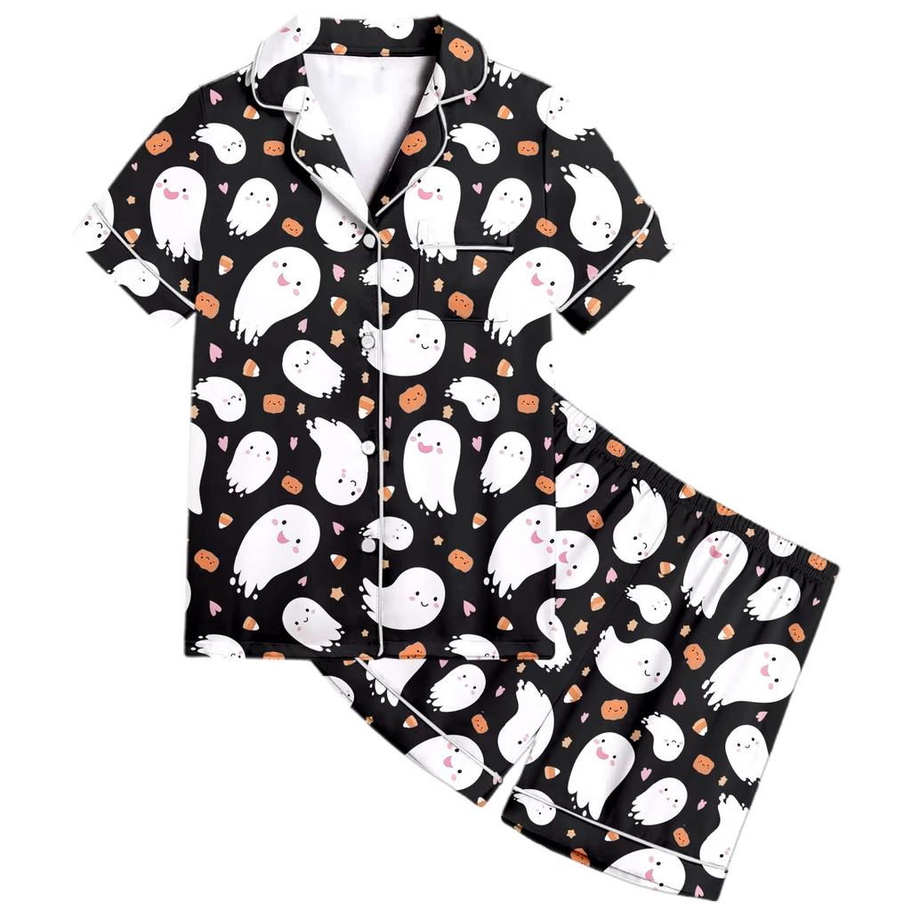 Детский пижамный комплект на Хэллоуин с коротким рукавом, топом с воротником и matching шортами