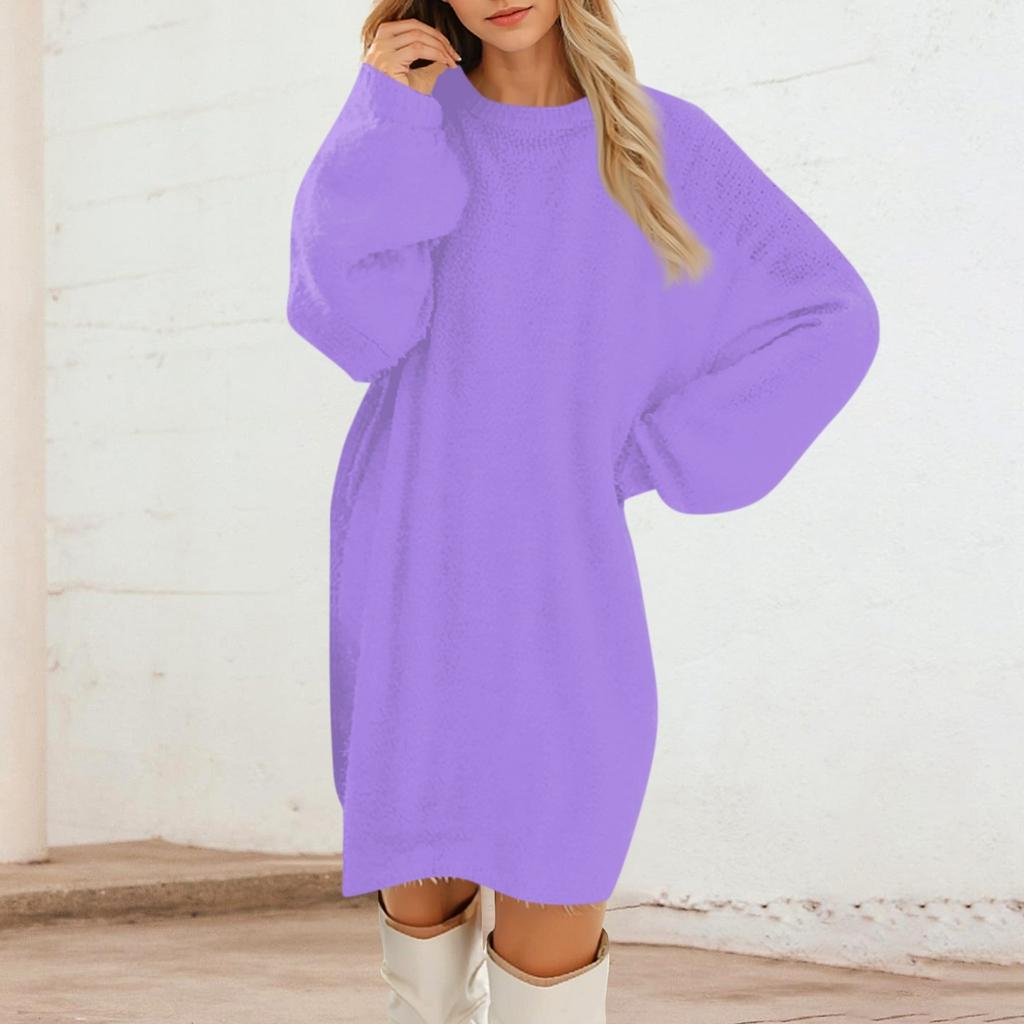 Women's Round Neck Casual Long Sleeve Plush Solid Color Dresses