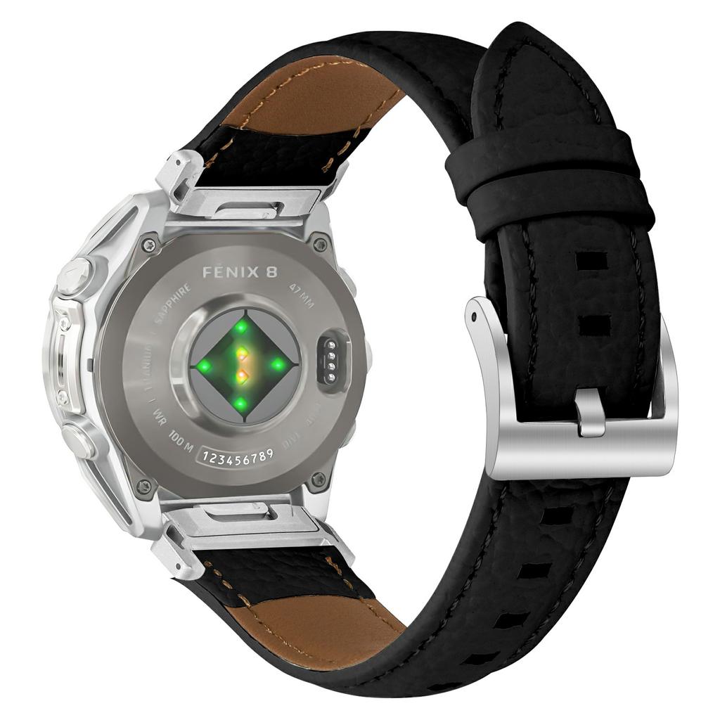 Litchi Texture Genuine Cow Leather Strap for Garmin Fenix 8 47mm/Tactix 8 47mm/quatix 8 47mm Pointed-End Watch Band with Silver Buckle