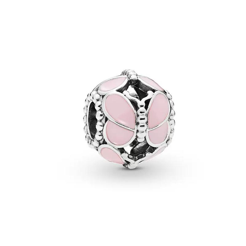 Pink Butterfly Cherry Blossom Flower Caterpillar Charm Enamel Bead fit Original Silver Bracelet Jewelry Accessories for Women