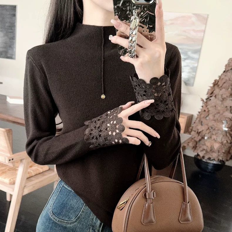 Red Sweater High-end Niche Lace Cuff Patchwork Turtleneck Knitwear Fashion Inner Base Layer Top