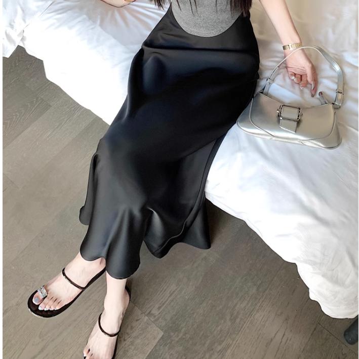 Summer Satin Skirt Women's Long Skirt Silk High Waisted Slim Fashion Korean Solid Champagne Black Maxi Skirts for Women