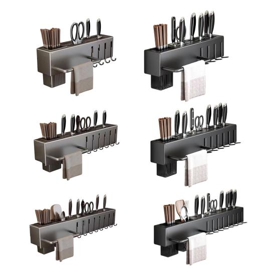Kitchen Cutlery Holder Wall Mounted Cutter Holder with Hooks Carbon Steel Cutter Storage