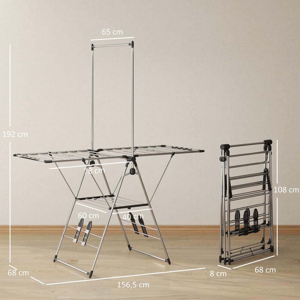 Foldable Clothes Airer, Standing Dryer with Adjustable Wings and Shoe Holders. Stainless Steel. 156.5 x 68 x 192 cm. Silver