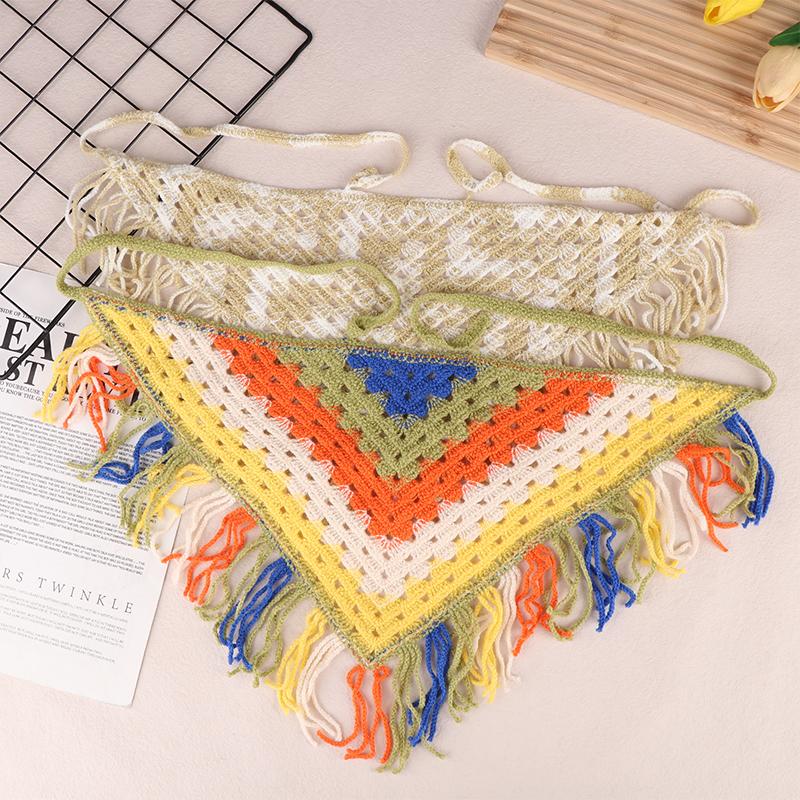 Ажурная треугольная косынка ручной вязки, богемный тюрбан, шарф для волос, многофункциональное использование, этнический стиль, пояс, декор