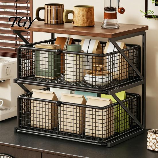 Compact Coffee Organizer Station with Drawer, Tiered Bar Organizer, Wooden Top Shelf, Desktop Storage Shelf Wire Mesh Drawers for Tea Bags, Capsules,