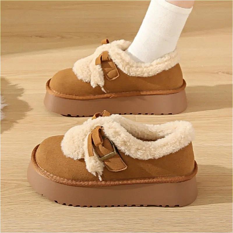 Меховые туфли на плоской подошве с бантом, женские мокасины на платформе, замшевые, плюшевые, хлопковые, брендовые, повседневные туфли на мелкой подошве, зимние трендовые, удобные, теплые, Zapatos Mujer