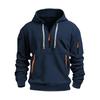 Men Fall Winter Hoodie Solid Color Drawstring Long Sleeves Half Zipper Arm Pocket Strap Decor Hooded Loose Daily Wear Casual Sport Top