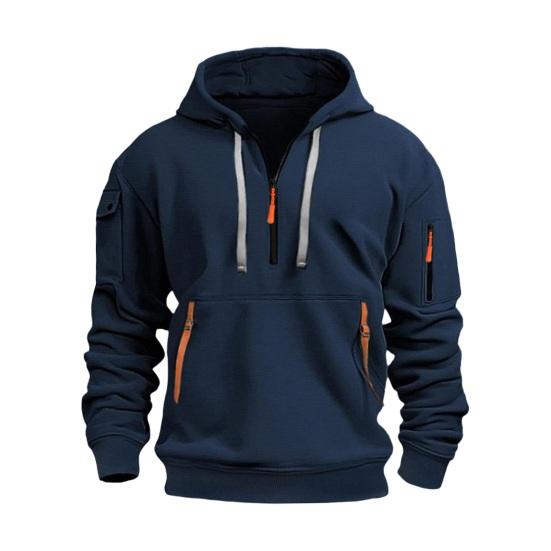 Men Fall Winter Hoodie Solid Color Drawstring Long Sleeves Half Zipper Arm Pocket Strap Decor Hooded Loose Daily Wear Casual Sport Top