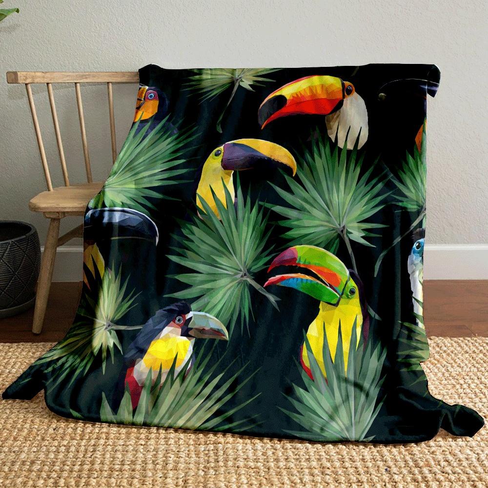 Colorful toucans and green palm leaves on a dark background. for all seasons blanket lunch break throw gift