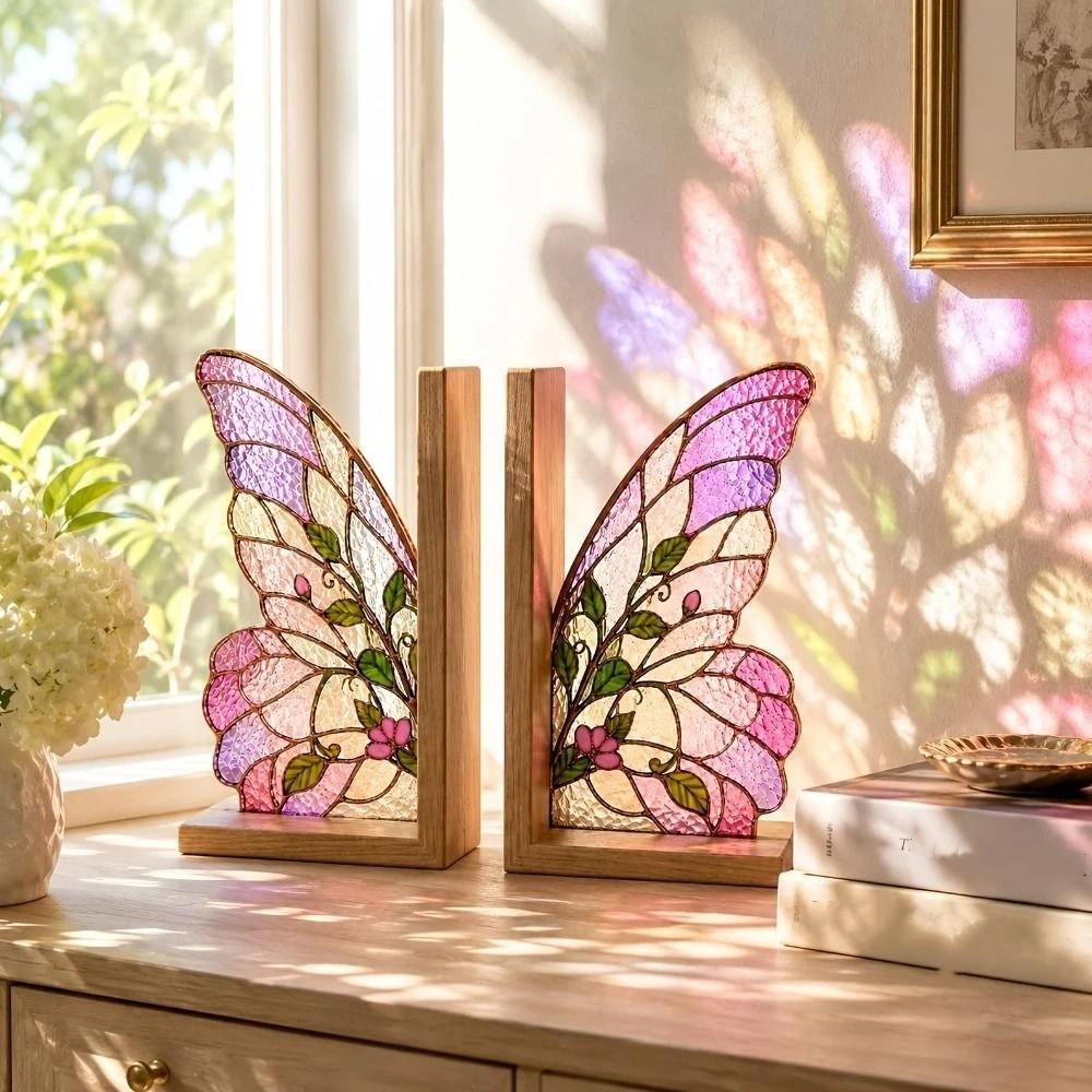 Decorative Butterfly Wings Bookend Set Acrylic Book Support with Bases Book Ornaments Office Shelf