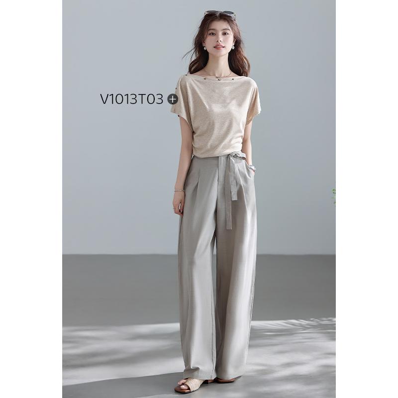 Elegant Cotton Lyocell High Waist Wide Leg Women's Pants