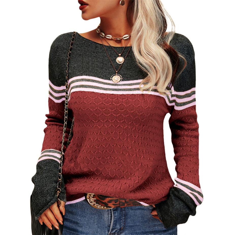 Herfst En Winter Vrouwen Crochet Temperament Commuter Tops Lange Mouwen Knit Stripe Colorblocking Ronde Hals Sweater