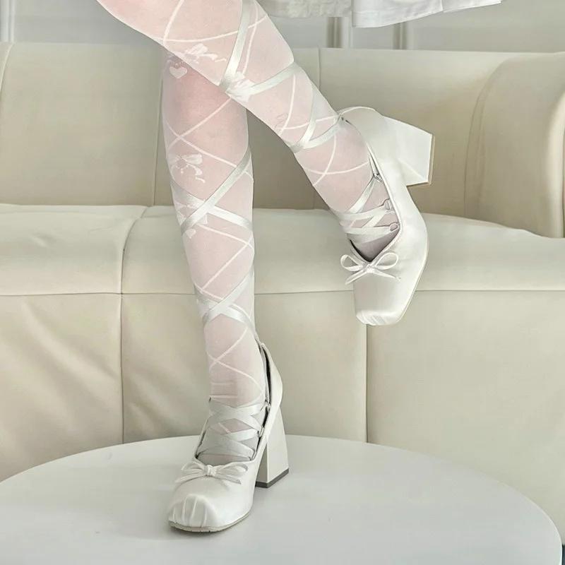 2025 Туфли Мэри Джейн на высоком каблуке, розовые "Минуэт", лолита, толстый каблук, атласная лента, балетки для женщин, туфли-лодочки