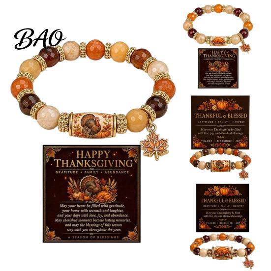 Autumn Elastic Jewelry Thanksgiving Bracelet for Women, Holiday Beaded with Decorative Wrist Ornament Maple Leaf Charm, Stretch Fall Harvest