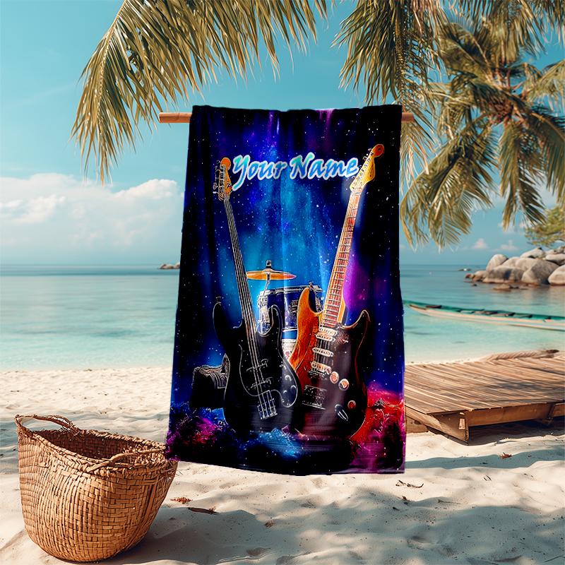 1PC Custom Name Guitar Dreams Cosmic Beach Towel Highly Absorbent And Sand-Resistant Towel for Swimming, Pool, Yoga, And Travel Lightweight