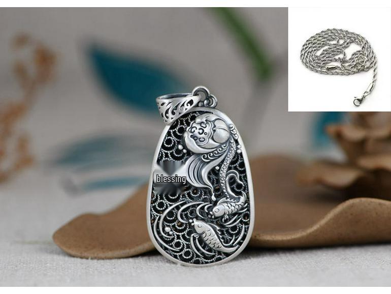 Полый кулон-капля с иероглифом Фу, карпом и лотосом - Ретро серебряная цепочка-свитер для женщин