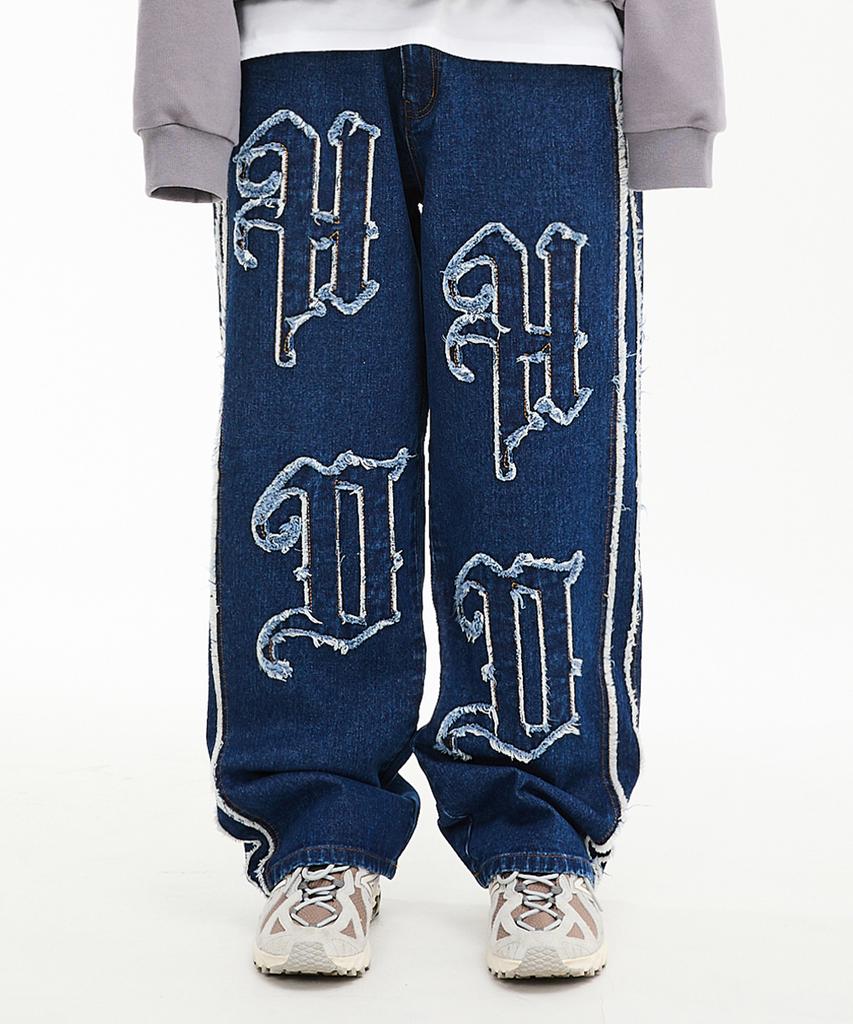 HOODHOOD Hd Applique Wide Denim Pants Medium Blue