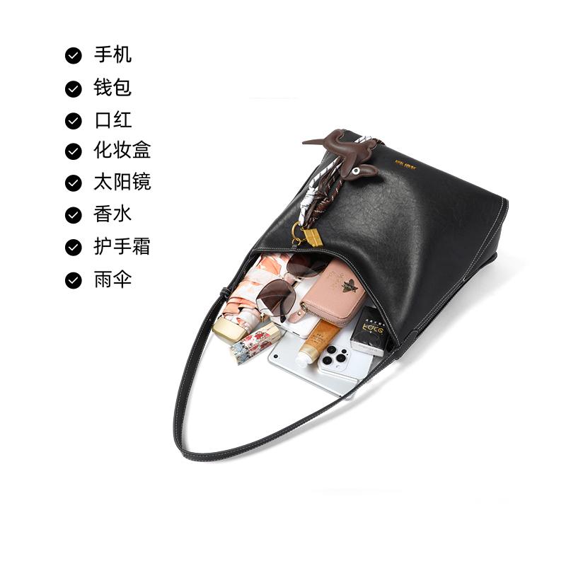 Viney black leather dog pendant simple tote bag for women