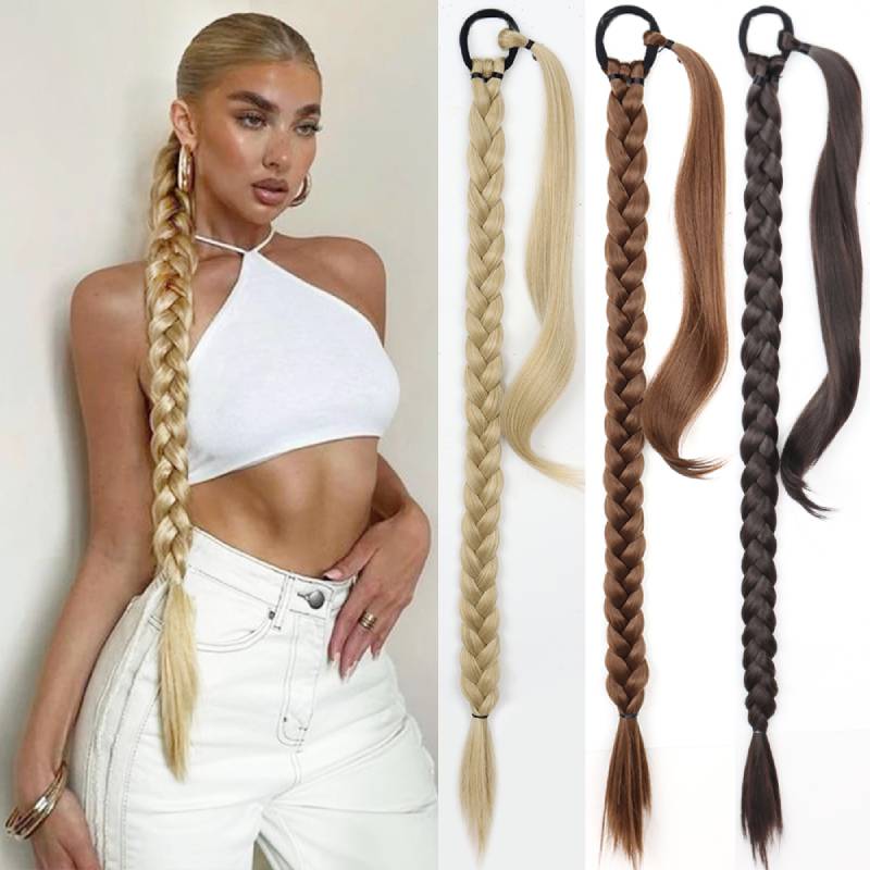 MERISIHAIR Synthetic Braided Ponytail Hair Extensions Natural Blond Hairpiece Long Wrap Around Pony Tail with Rubber Band