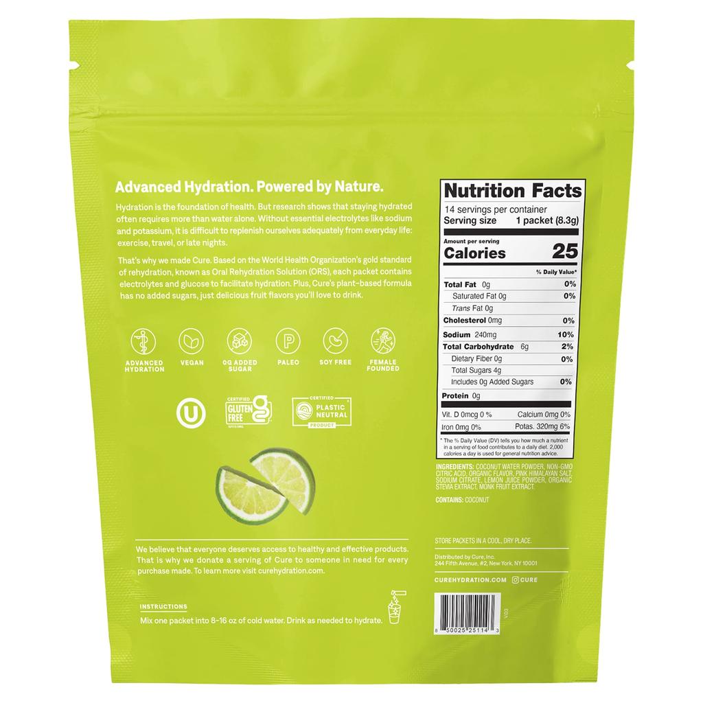 Cure Hydration, увлажняющая электролитная смесь, лайм, 14 упаковок, 0,29 унции (8,3 г) каждый