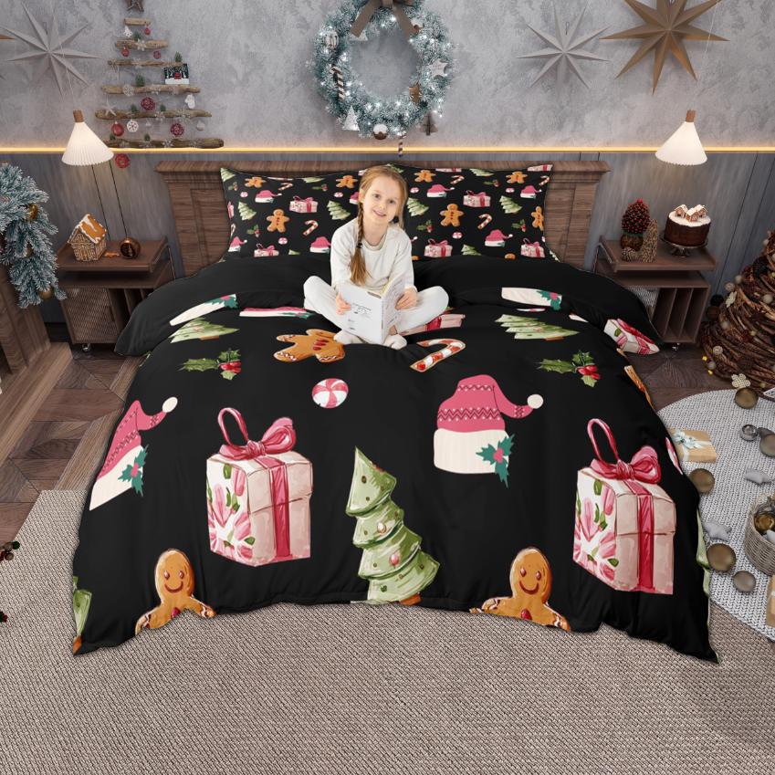 Homewish Merry Xmas Duvet Cover Set for Boys Girls, Christmas Tree Deer Bedding, Kawaii Snowman Santa Claus Quilt Cover Set