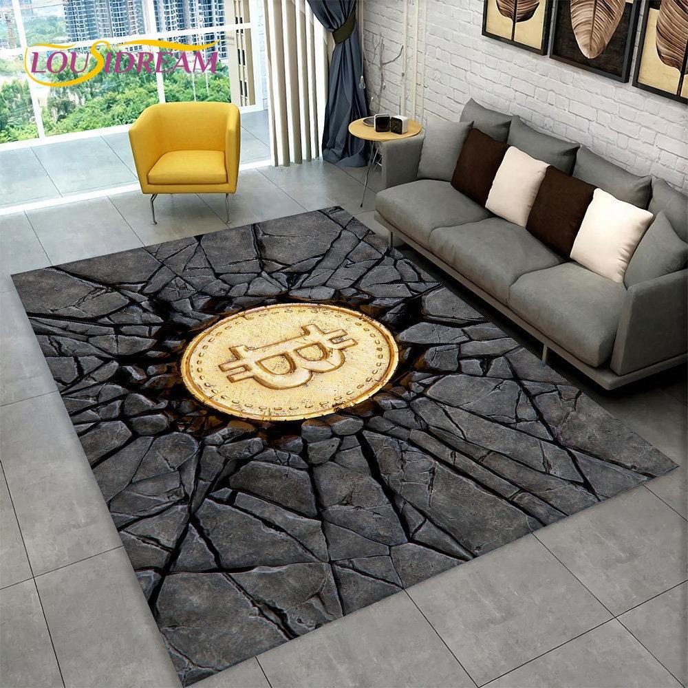 3D Bitcoin Virtual Currency Area Rug Large Carpet Rug for Living Room Bedroom Sofa Playroom Doormat Decor Kid Non-slip Floor Mat