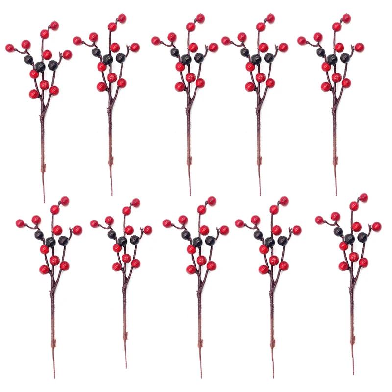 10pcs Christmas Artificial Berries Branches Decor Fake Flowers Plant for Xmas Tree DIY Holiday Wreath Craft Home Party Ornament