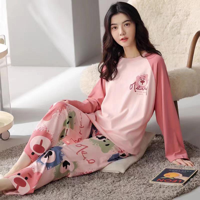 Женский пижамный комплект с длинным рукавом - Милый мультяшный принт, Большой размер, для весны и осени, для дома/улицы