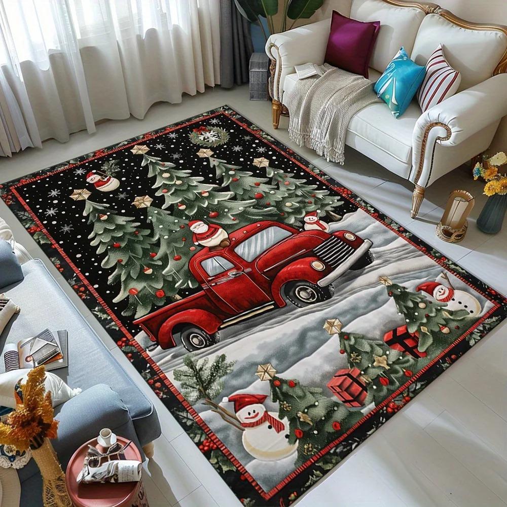 Exquisite Charming Snowman & Red Truck Area Rug - Soft Comfortable Polyester Carpet for Home Decor, Perfect Gift Idea Ornaments