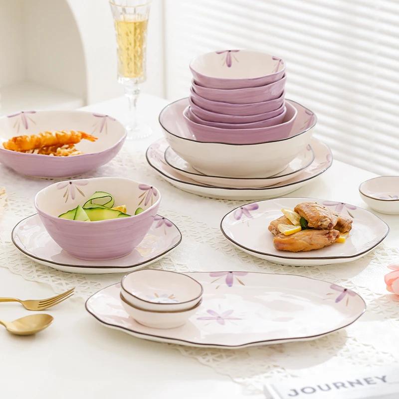 Романтичные фиолетовые керамические тарелки, легкие, роскошные, ресторанные, фруктовые, салатные, домашняя кухня, паста, обеденная тарелка, изысканные миски для риса